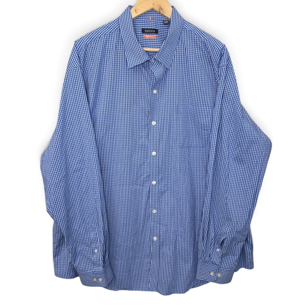 Van Heusen Traveler Dress Shirt Mens XXL 18-18.5 Blue Gingham Check Stretch